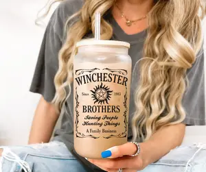 Sam Dean Winchester Brothers Glass Cup with Lid and Straw 16 oz, Supernatural Iced Coffee Cup, Winchester Glass Tumbler, Hunter Mug