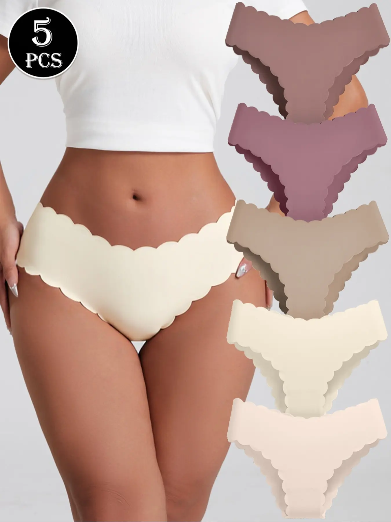 5 Pack Women's Seamless Smooth Basic Minimalist Panties, Soft Comfy Panty, Lingerie - Autumn Maillard Color Palette (Brown/Beige/Burgundy) Scalloped Edge Quick-Dry 4-Way Stretch Nylon Spandex Breathable No-Show Underwear for Daily Commute