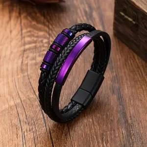 1pc Magnetic Clasp Bracelet - Black & Purple Accent wristband, Strong Magnetic Closure, Durable PU Leather-like strap, Elegant Men's & unisex Jewelry for Everyday, Party, Formal Events - Ideal Gift for Father's Day, Birthdays, Anniversaries - Year-Round