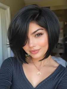 Short Side Part Bob Wigs Black Pixie Cut Bob Wig for Women Synthetic Hair Yaki Straight Wigs Synthetic Yaki Kinky Hair Mix Brown 10 Inch Straight Wigs with Bangs Soft Yaki Hair Wig Daily Life or Party Use Synthetic Material Wigs