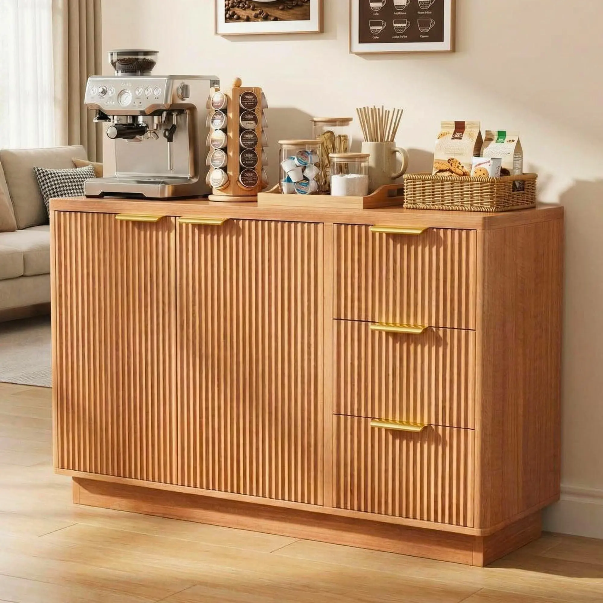 Natural Oak Wood Fluted Sideboard Cabinet - 47in Storage Furniture with 2 Doors, 3 Drawers, Ample Space for Kitchen, Living Room