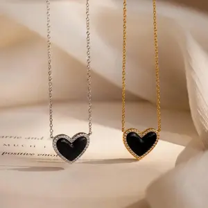 Dainty 18K Gold Plated Black Cubic Zirconia Puff Heart Charm Minimalist Pave Onyx Heart Necklace Romantic Pendant Gift for girlfriend Perfect Anniversaries and Valentine's Day
