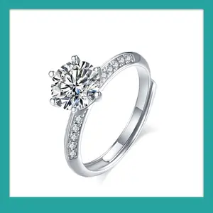 [LeBijouLab] 1CT Synthetic Moissanite Engagement Ring For Women, Round Cut Six-Prong Pave Design, Adjustable Band, Gift for Her