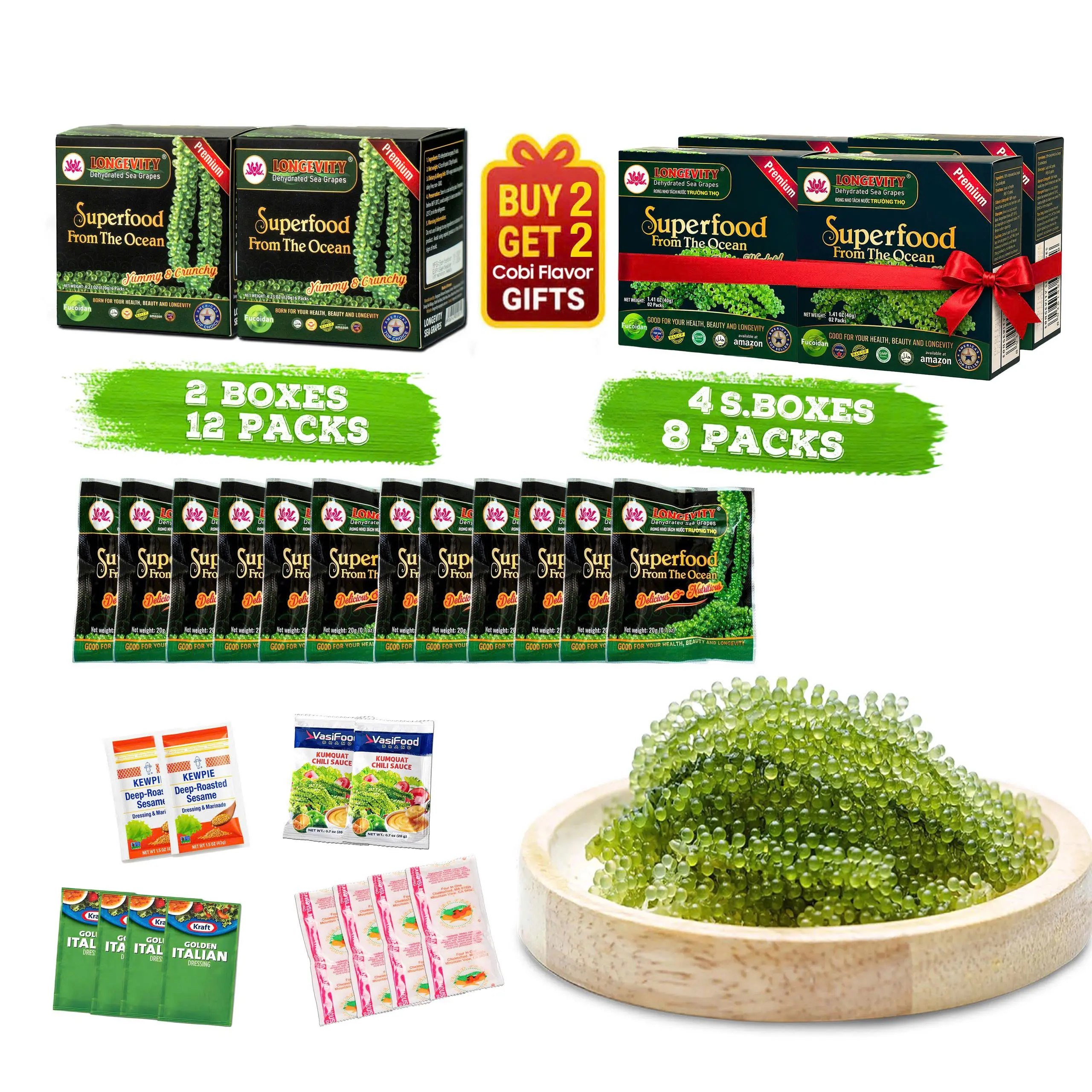 [Buy 2 Get 2 Gifts Free] 2 BOXES Longevity Dehydrated Sea Grapes - COMBO 2 BOXES 12 Packs Green Caviar Umibudo Latok Seaweed Organic Premium Quality Crunchy Flavor Superfood From The Ocean