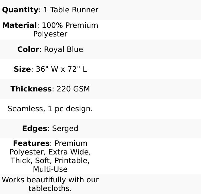 Wide Premium Polyester 36"x72" Table Runner Royal Blue - Sublimation Printable Banner