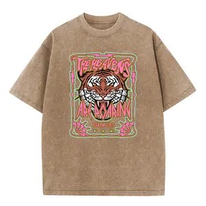 Holafish Unisex Acid Wash Vintage " The Heavens" Roaring Tiger Pattern T-Shirt,Heavyweight Cotton Streetwear Graphic Vintage Tee Menswear Womenswear Crewneck