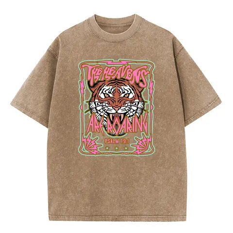 Holafish Unisex Acid Wash Vintage " The Heavens" Roaring Tiger Pattern T-Shirt,Heavyweight Cotton Streetwear Graphic Vintage Tee Menswear Womenswear Crewneck