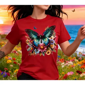 100% cotton short-sleeve round-neck casual women's T-shirt with unique butterfly and flower pattern print, lightweight and soft fabric, gift, birthday present, fashionable and elegant, suitable for travel, vacation, parties, elegant, beautiful, sweet