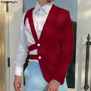 INCERUN Men's All-Season Deconstructed Asymmetrical Vest-Blazer: High Street Tailored Patchwork with Crisscross Detailing for Fashion Launches, Exclusive Nightclub Events, Artistic Salons & Avant-Garde Wedding Styling.