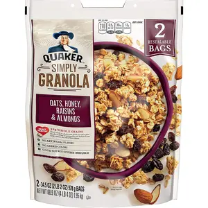 Quaker Natural Granola Oats, Honey, Raisins and Almonds - Set of 2, 34.5oz Bags for Breakfast or Snack Option on-the-go - Muesli