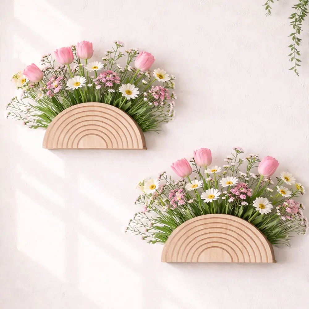 Creative Half-Circle Flower Arrangement Wall Decor, Wooden Planter Shelf, Home Decoration Craft, 1/2pcs, Unique Artisanal Design