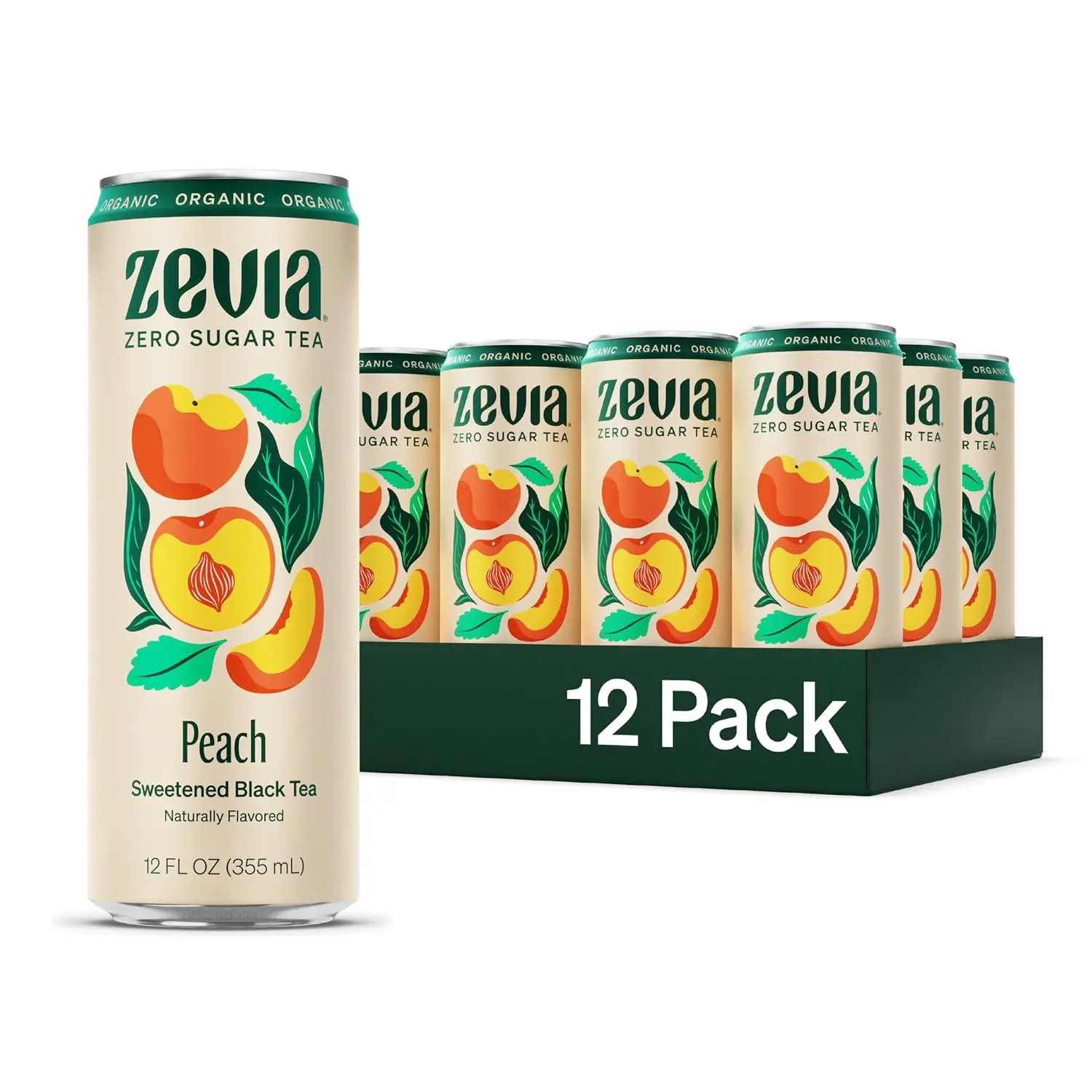 Zevia Zero Sugar Peach Black Tea, 12 oz Cans (12-Pack), Naturally Sweetened, Zero Calories, Sugar Free, Non-GMO, Gluten Free, Vegan Ready-to-Drink Iced Tea