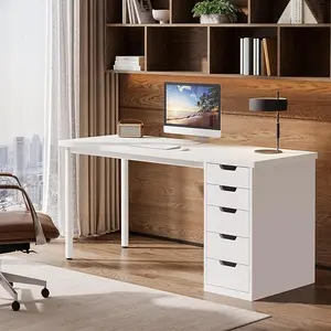 Tribesigns Modern Simple Computer Desk, 47 Inches PC Desk with 5 Reversible Drawers, Rustic Brown Study Writing Table Workstation for Home Office Small Spaces (White)