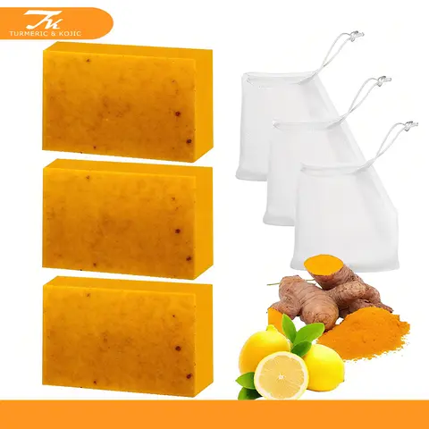 3PCS 4 oz Kojic Acid Turmeric Bar Soap - Organic Moisturizing Brightening Cleanser, Dark Spot Remover, Anti-Acne Skin Repair Bath & Body Care Product