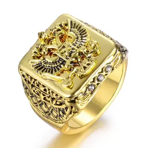 Fashion Men's Signet Ring Russian Empire Double Eagle Rings For Male Punk Gold Color Arms Of The Russian Big Ring