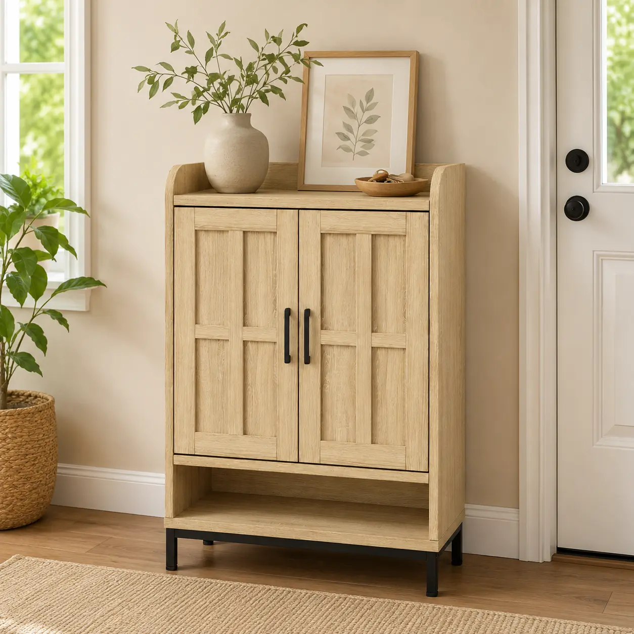 5-Tier Geometric Wooden Shoe Storage Cabinet with 2 Doors & Adjustable Shelves, Sturdy Freestanding Hallway Furniture for Entryway/Foyer, 27.5x13.8x41.7 Inches