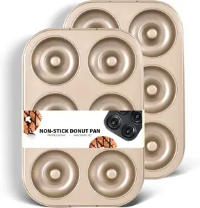 2-Pack Nonstick Donut Pans, 6-Cavity Deepened Tray for Baking, Durable Mini Bagel Mold, Heavy-Duty Bronze Gold