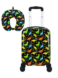 2Pcs Pterosaur Flying Dinosaur Print Kids Luggage Set, Hard Shell Rolling Suitcase with Neck Pillow, Lightweight Travel Carry On Luggage for Boys, Kids School & Vacation