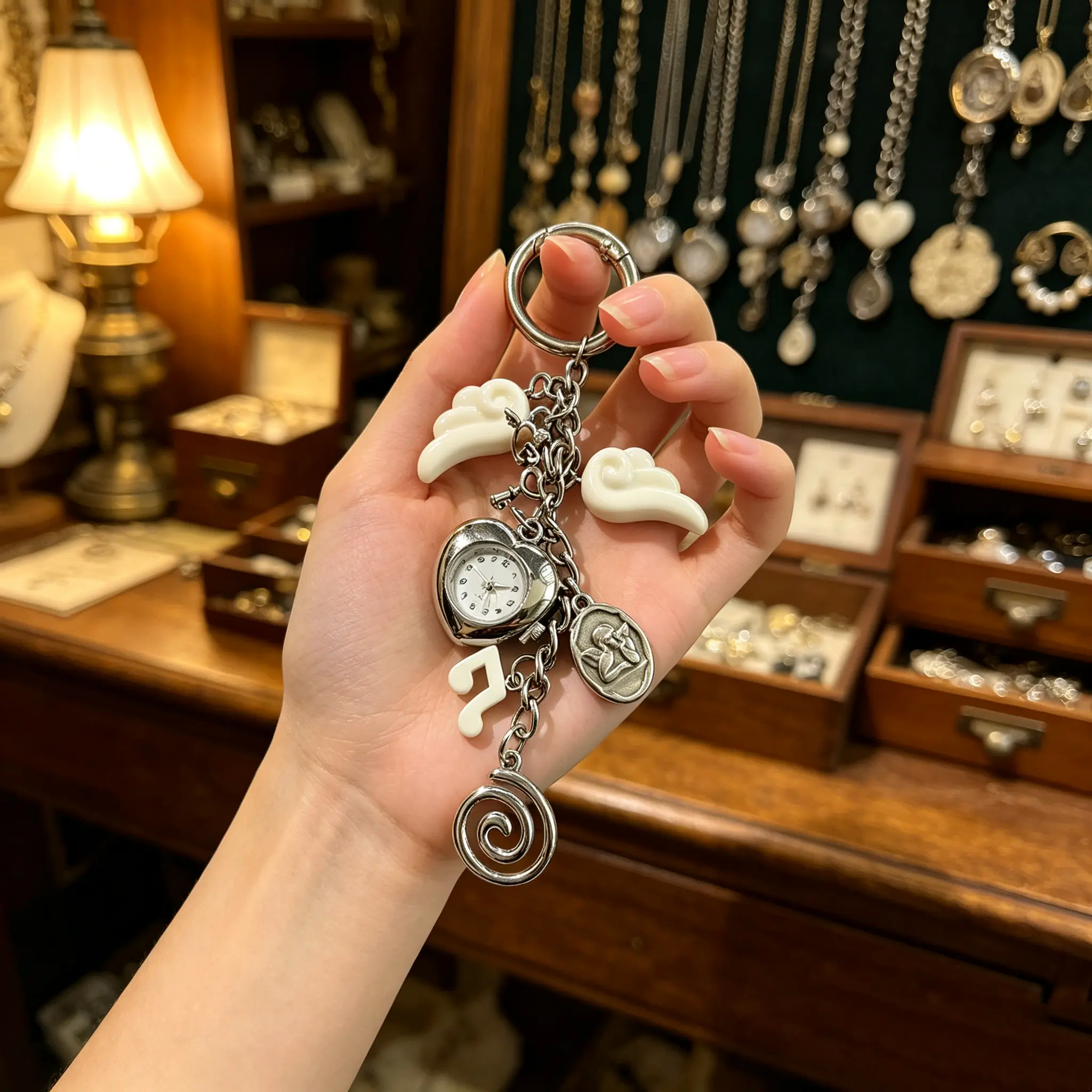 Vintage Angel Wing Heart Pocket Watch Key Ring Bag Charm With Cute Music Note Pendant, Romantic Sweet Decor Ornament For Backpacks Purses Car Keys, Heartfelt Gift For Friends And Lovers
