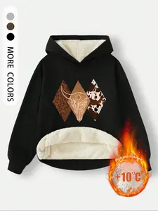 Women's Fleece Lined Hoodie, Vintage Cow Head & Geometric Print, Fall Winter Essential Warm Top, Comfortable Casual Sweatshirt