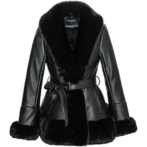 Women’s faux leather peplum parka coat with a faux fur collar, long sleeves, furry trim, and belt for winter