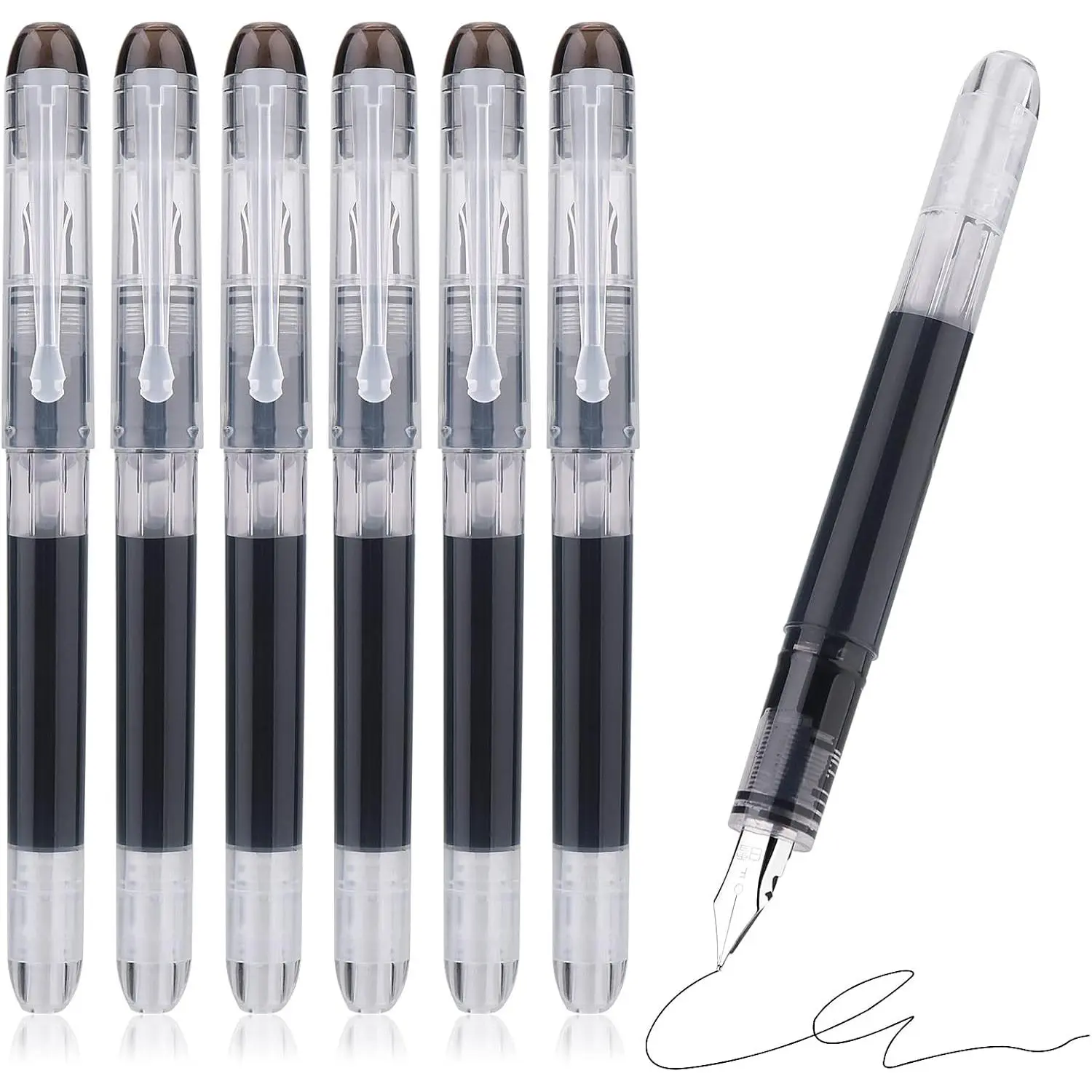 6-Count Disposable Fountain Art Pens, Simple & Stylish, Black Fast-Drying Liquid Ink, Easy-to-Control Smooth-Writing Fine Nib, Not Easy to Slide, for School & Office Stationery Supplies