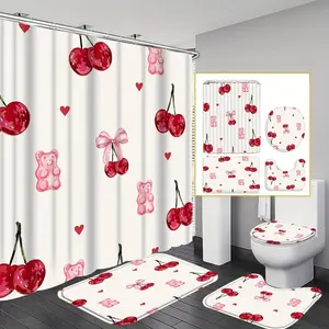 Cherry & Letter Pattern Bathroom Decor Set, 4 Counts/set Including Decoration Shower Curtain & Toilet Lid Cover & Mat & U-shaped Mat, Bathroom Accessories, Home Goods, Shower Curtain Sets