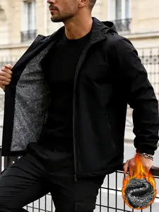 Men's Versatile Casual Jacket, 100% Polyester Fiber, Zipper Closure, Windproof Hooded Design, Fall & Winter Warm Fleece Coat