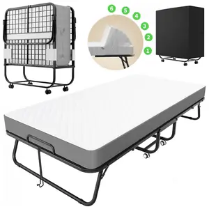 Cyclysio Folding Bed with Memory Foam Mattress, Portable Folding Bed with Adjustable Backrest, Rollaway Bed with Metal Frame on Wheels, 75‘’ x 31‘’