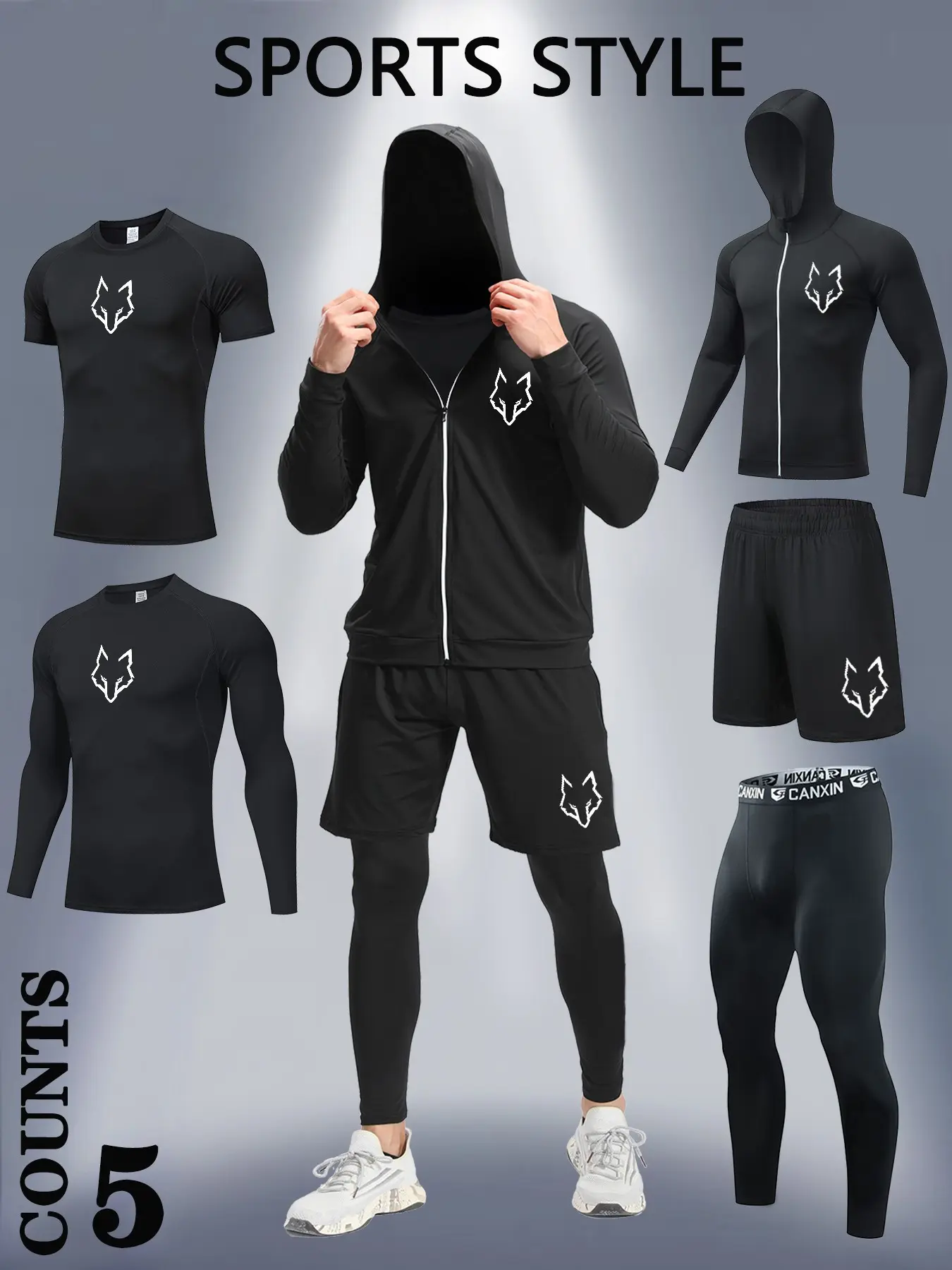 5 Piece Sports Set with Wolf Head Logo Design, Quick Dry Breathable Fabric, Elastic Compression Tight Fit, Perfect for Sports Running Gym Workout, Sports Activewear Set