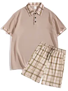 Men's Plaid Patchwork Two-Piece Casual Set, Short Sleeve Polo Shirt & Drawstring Shorts, Business Casual Daily Home Wear