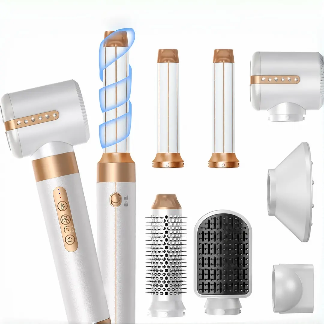 Blow Dryer Brush 7 in ONE，Autowrap Curling Wand, 110,000 RPM High-Speed Negative Ionic Hair Dryer with Diffuser Concentrator, Round Brush Blow Dryer Air Styler, Volumizing Hair Styling Tools
