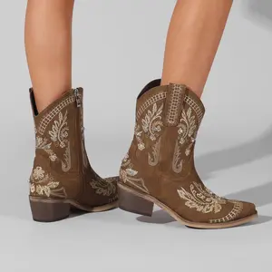 Women's Western Cowboy Ankle Boots - Red Faux Leather Boots with Intricate Floral Embroidery, Rhinestone Accents, Pointed Toe & Block Heel, Perfect for Western - Style Outfits & Special Occasions