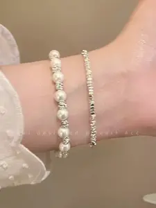 Pearl & Rhinestone Beaded Bracelet, Elegant Bangle, Adjustable Dainty Silver Color Chain, Elegant Stackable Jewelry for Women, Fashion Accessory