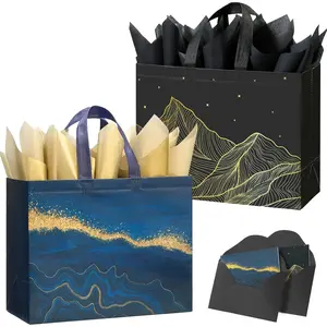 13" Large  Bags with Tissue Paper, 2 Pack  Non-woven Happy Birthday  Bag with Handles,  Gifts for Men & Women (Black, Blue).