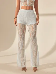 Women's High-Waisted Flare Leg Pants, Sexy Floral Pattern, Elastic Waist, Long/regular Length, Perfect for Spring & Fall Casual Events