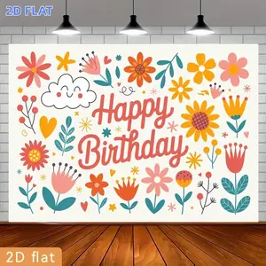 2D Flat Banner 1pc, Party Banner Colorful Flowers Smiling Cloud Hearts Happy Birthday Text Polyester Backdrop Event Decorationhome Room Courtyard Farm Garden Graduation Photography Live Streaming Wedding Club Gift Festiv