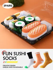 3 Pairs Fun Sushi Style Socks, New Stripe Mid-Calf Socks, Unisex, Hand Wash Only, Ideal Gift for Birthday, Valentine's Day, Easter