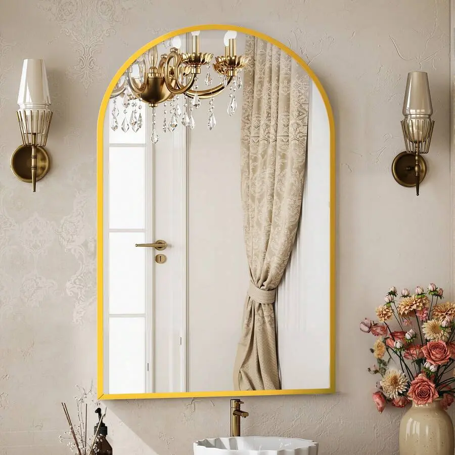 OLIXIS 24"x36" Arched Gold Aluminium Bathroom Mirror - Wall-Mounted Vanity Mirror with Metal Frame for Bathroom, Bedroom (Vintage, Modern Styles, None Assembly Required), Arch, Entryway