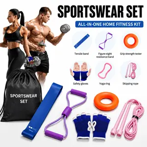 JPTREK Sportswear Set 6pcs Tensile Band Figure Eight Resistance Band Grip Strength Tester Safety Gloves Yoga Ring Skipping Rope Home Gym Fitness Combo for HIIT Workout Body Training Multi Purpose Utility Foldable Adjustable