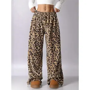 Women’s leopard print wide-leg pants with bow decoration, casual comfortable stretchy trousers for daily wear, ladies’ bottoms for fall and winter