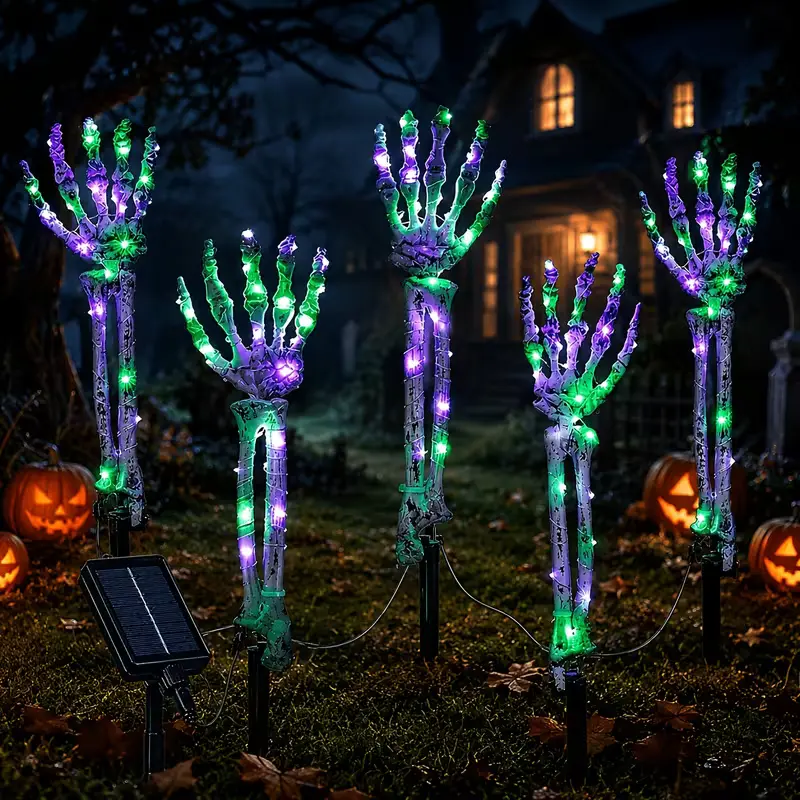 5-Pack Solar-Powered Halloween Skull Arm Stake Lights, Automatic Dusk Illumination, 8 Lighting Modes, Purple-Green LED Skull Hands, IP44 Waterproof, Outdoor Halloween Spooky Decor for Yd, Lawn, Garden