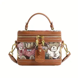 Cute Teddy Bear Design Women's Bucket Bag - Fashionable Cylinder Handbag with Adjustable Strap, Zipper Closure and Gold Hardware, Bright Pink/Light Brown/Blue, Casual Handbag | Playful design | Decorative Ribbon