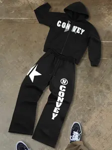 CONVEY Graphic 2-Piece Tracksuit - Black Streetwear Matching Hoodie & Wide-Leg Pants Set