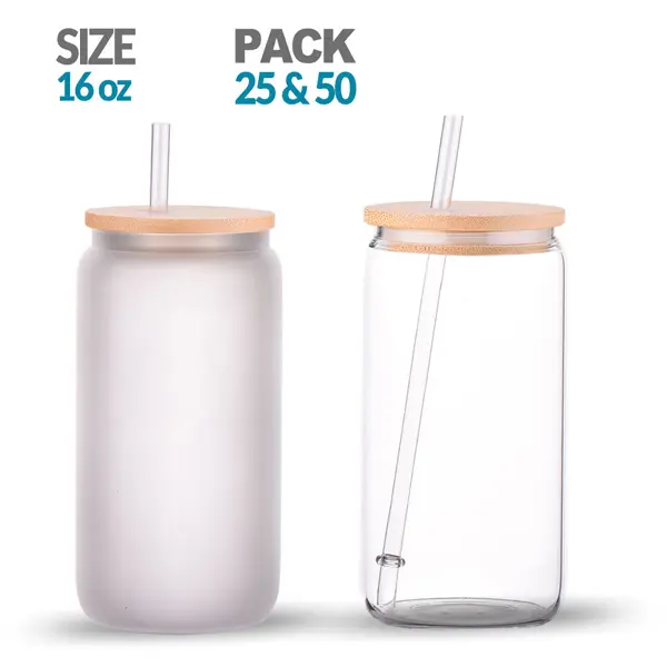 USA warehouse 16oz Clear & Frosted Sublimation Glass Can with  with bamboo lid & straw