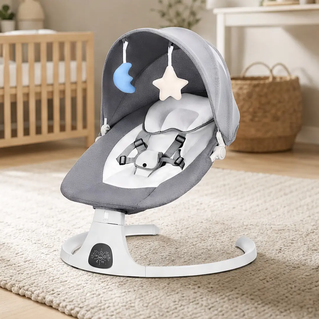 ARCH Newborn Swing - Portable Rocker Bouncer, Gray Fabric-Plastic Modern Design, 5 Natural Motion Speeds, Remote Control, Preset Melodies, Timer, Bluetooth, Harness, USB Port, 0-12 Months, Max 20 lbs, Nursery Children's Furniture