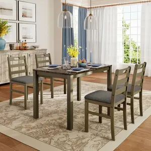 PHI VILLA Dining Table Set for 4, Classic Farmhouse Kitchen Table with 4 Chairs with Built-in Handle, Solid Wood Rectangle Dinner Table Set for Apartment Kitchen Restaurant