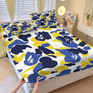 Blue Yellow Camouflage Camo Print Fitted Sheet Set, 1 Fitted Sheet + 2 Pillowcases - 3 Piece Soft Breathable Deep Pocket Bedding, 360° fully wrapped, APE Streetwear Hypebeast Style, Gift for Camouflage Lovers & Streetwear Hypebeast Fans