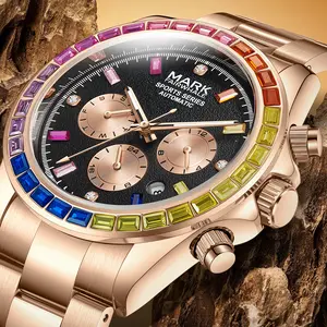 Diamond Rainbow Ring fully automatic mechanical men’s watch—multifunctional stainless steel model with three sub-dials and six hands; water-resistant and drop-proof; suitable for business meetings; luxurious, fashionable design; ideal as a gift for men.