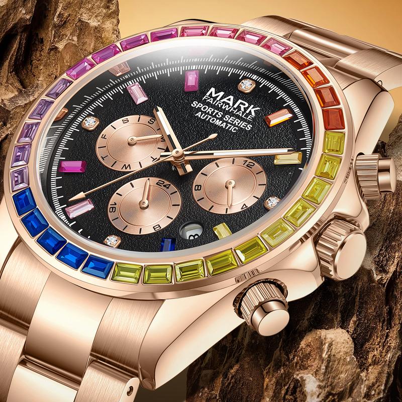 MARK FAIRWHALE Men’s Analog Automatic Casual Business Wristwatch - Stainless Steel, Round Face, 3 Sub-Dials, 6 Hands, Diamond Rainbow Ring, Chic Luminous Luxurious Fashionable Design, Waterproof, Drop-Proof, Ideal for Business Meetings & Gifting